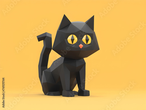 Low-Poly Black Cat on Yellow Background: A Concept of Modern Digital Artistry, Abstract Design, and Calmness - Perfect for Themes Related to Pets, Art, and Relaxation photo