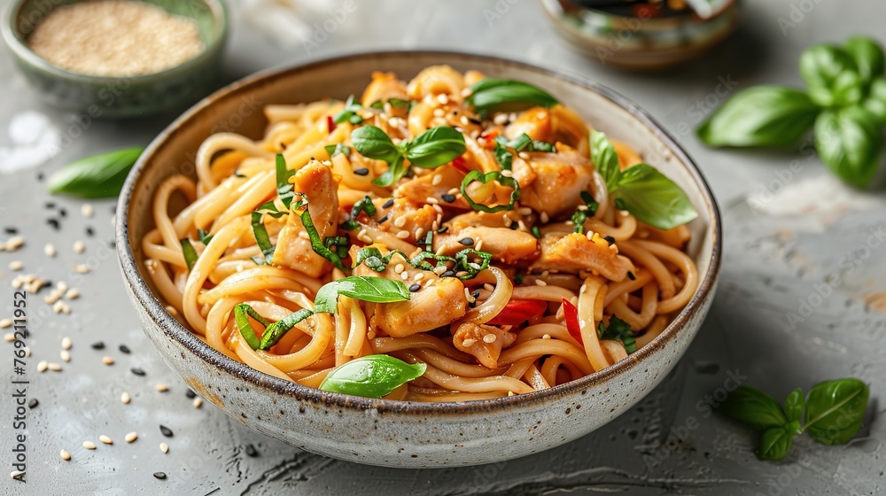 Udon stir-fry noodles with chicken meat and sesame in bowl on light stone background copy space Udon stir-fry noodles with chicken meat and sesame in bowl on light stone background copy space