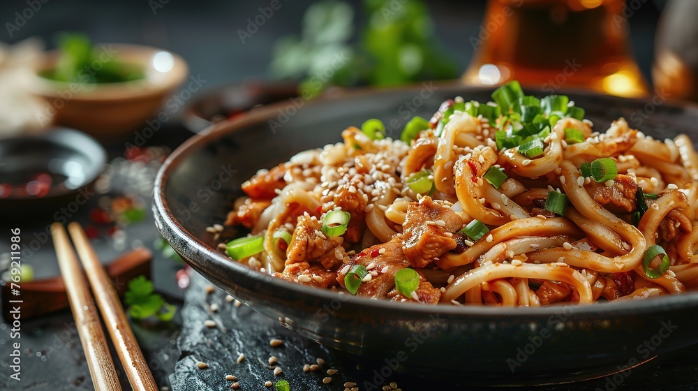 Udon stir-fry noodles with chicken meat and sesame in bowl on dark stone background copy space - obrazy, fototapety, plakaty 
