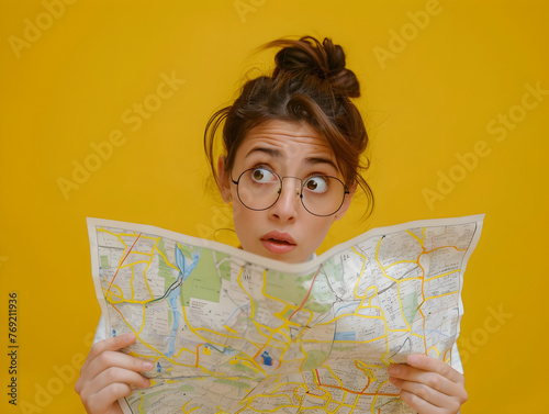 Concept of Spontaneous Adventure: Woman Studying Intricate City Map, Symbolizing Exploration, Decision-Making, and Anticipation Amidst Vibrant Yellow Background photo