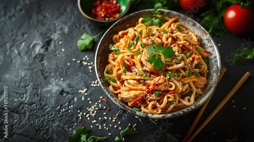 Udon stir-fry noodles with chicken meat and sesame in bowl on dark stone background copy space photo
