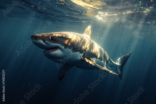 A great white shark, a vertebrate from the Lamnidae family of sharks in the order Lamniformes, is gracefully swimming in the liquid environment of the ocean photo