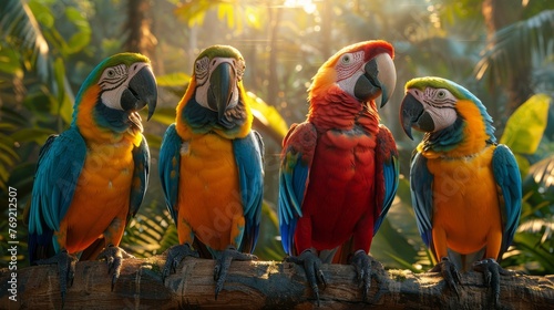 Four colorful birds with beaks sitting on a tree branch