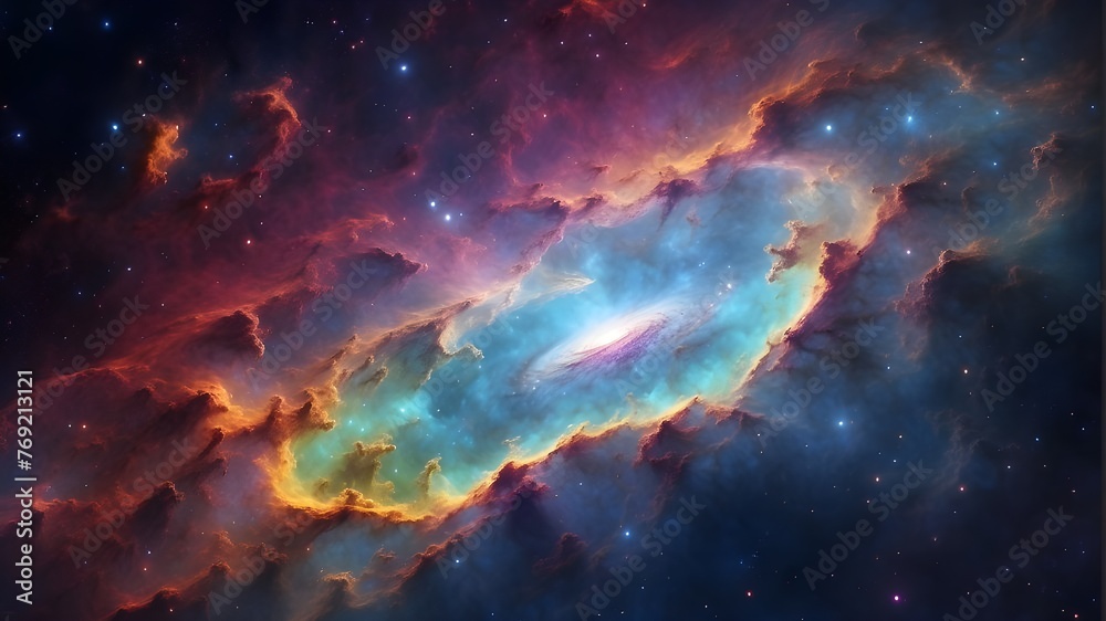 Nebula with vibrant space galaxy cloud. Starry, night sky. Astronomy and universe science. Wallpaper with a supernova background