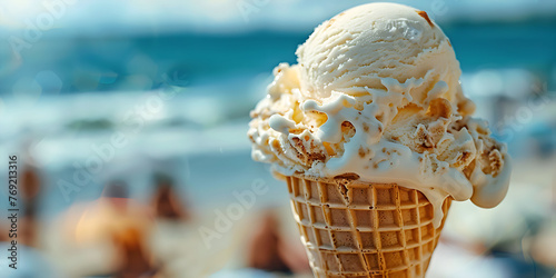 Vanilla ice cream with walnuts, with a beach background