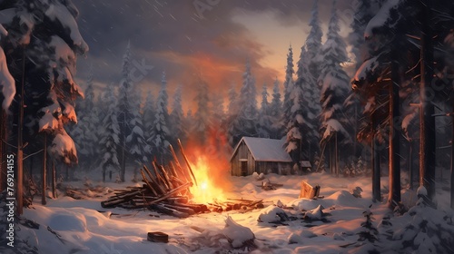 an image that evokes the peaceful yet powerful combination of a crackling fire set against the backdrop of a snow-covered forest