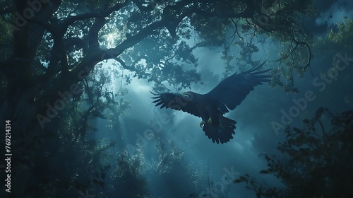 visually stunning 70mm film still featuring an eagle soaring through the moonlit woods  