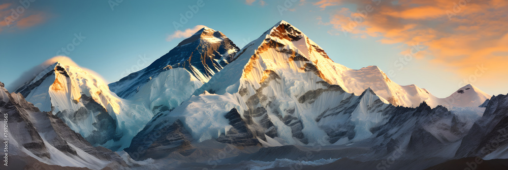 A Majestic Portrait of the Snow-capped Mount Everest Against the Azure Sky - obrazy, fototapety, plakaty 