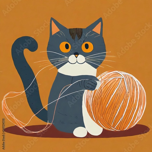 Cute cartoon cat playing with yarn ball