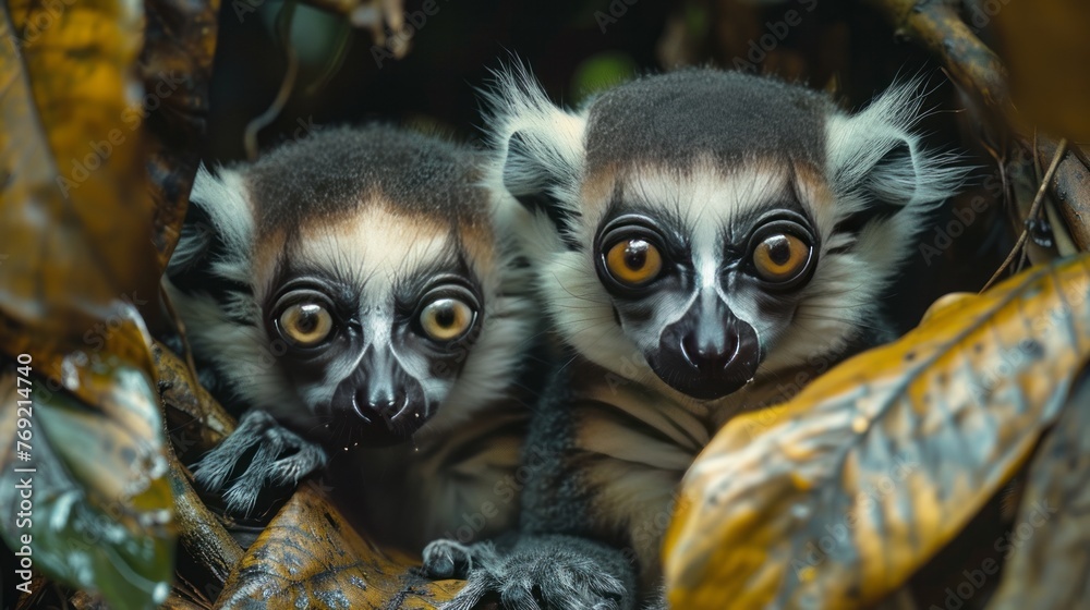 Naklejka premium two lemurs are sitting next to each other in a tree