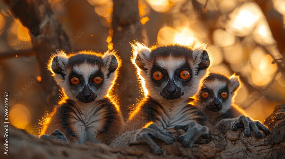 Naklejka premium Three lemurs perched on branch, surveying wildlife in darkness