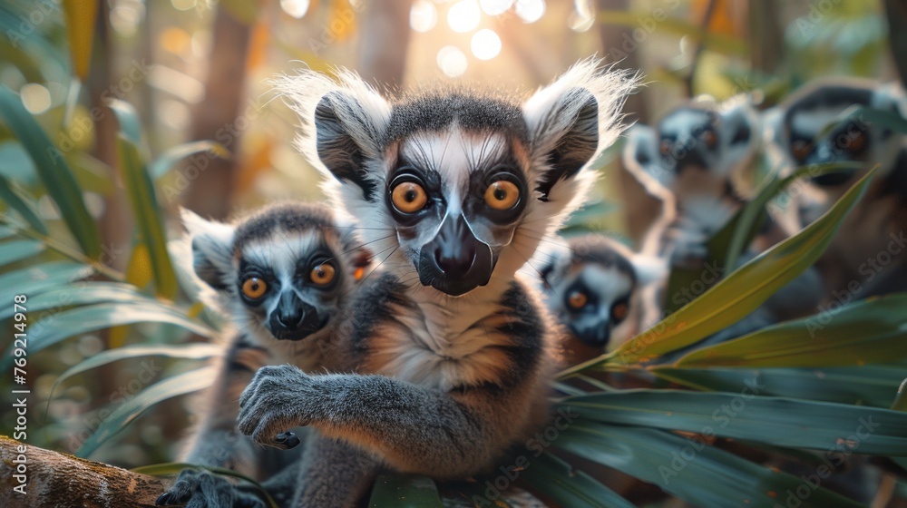 Naklejka premium Group of lemurs perched on a tree branch, gazing at the camera