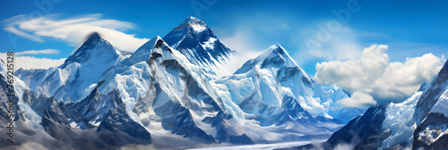 A Majestic Portrait of the Snow-capped Mount Everest Against the Azure Sky