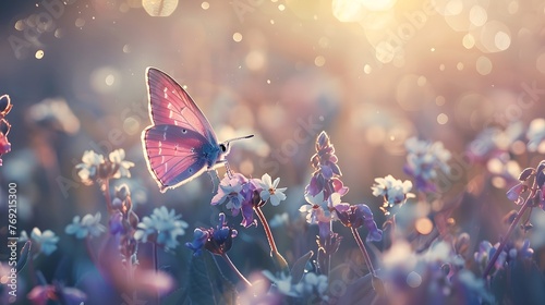 Purple butterfly on wild white violet flowers in grass in rays of sunlight, macro. Spring summer fresh artistic image of beauty morning nature. Selective soft focus. photo