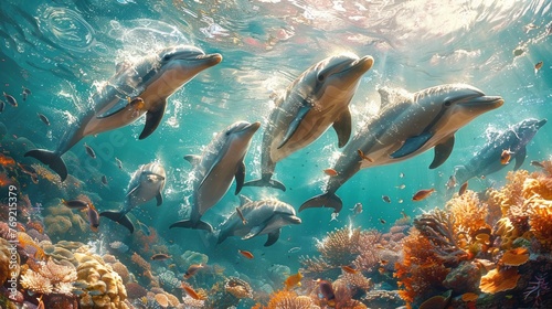 Electric blue dolphins swim near coral reef in underwater marine biology study © yuchen