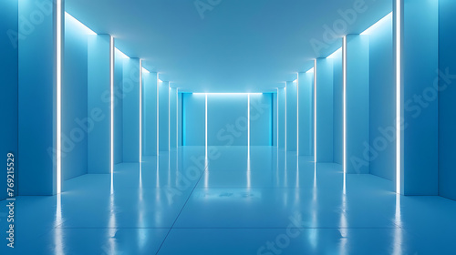 an empty room with soft blue walls illuminated by evenly spaced vertical lights.