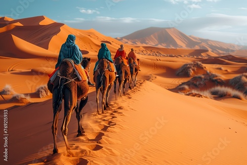 A group of travelers is journeying through the desert landscape on camels, with the vast sky above and rugged mountains in the distance