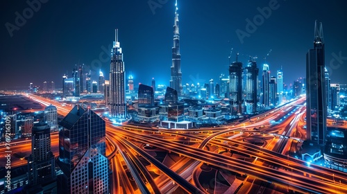 Dubai's spectacular nighttime skyline features the city's highways and skyscrapers, highlighting its modernity and vibrancy