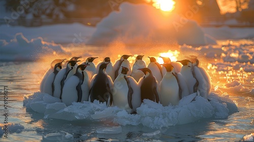 Penguins perched on drifting ice in the water under a cloudy sky