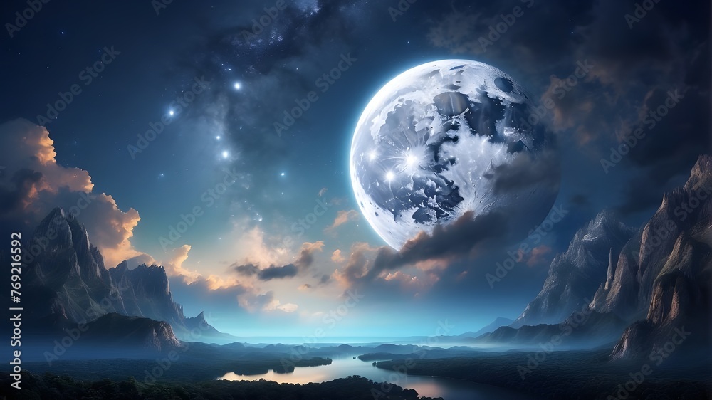 The magical night sky is illuminated by the dazzling white moon, which bathes the earth below in a mesmerizing radiance.