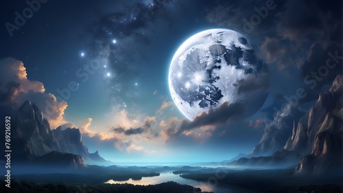 The  magical  night  sky  is  illuminated  by  the  dazzling  white  moon   which  bathes  the  earth  below  in  a  mesmerizing  radiance.