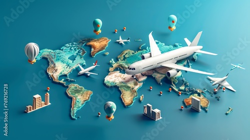 Global travel via airplane is depicted in 3D web vector illustrations, showcasing trips across various countries and travel pin locations on a global map
