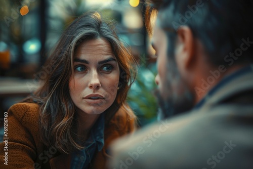 A woman and a man are talking to each other