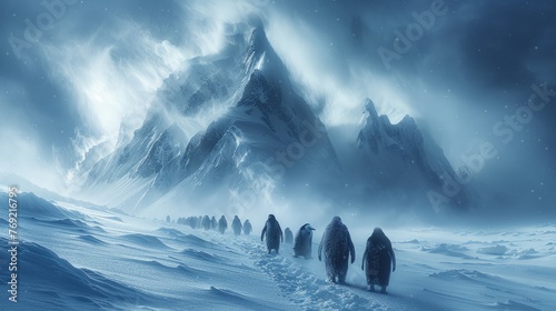 Penguins walking in snow with mountain backdrop, under cloudy sky