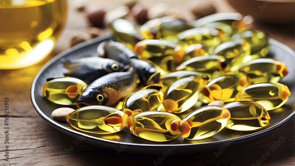 Omega-3 Source: Supplemental Fish Oil, Offering Vital Fatty Acids for Heart Health and General Welfare." - obrazy, fototapety, plakaty 