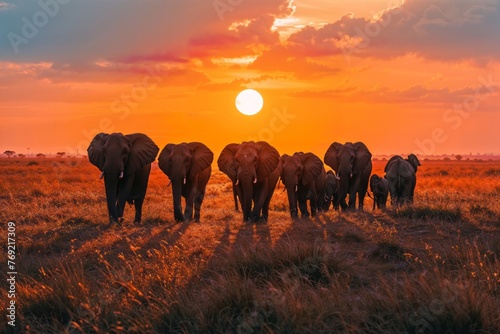 Herd of elephants walking under a spectacular sunset, symbolizing earth day's call for conservation © bluebeat76