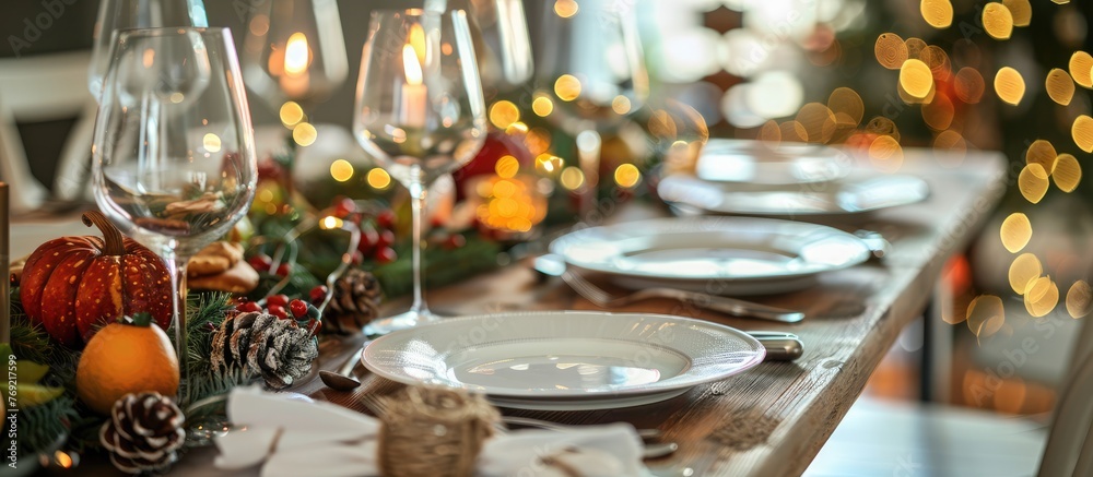 Table setting for hosting guests and serving meals at a festive gathering. Table setting for hosting guests and serving meals at a festive gathering.