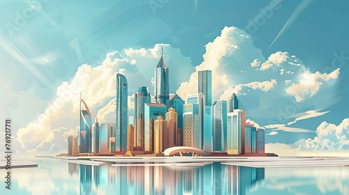 The Abu Dhabi skyline is depicted with clouds, showcasing the modern city view of the United Arab Emirates capital photo