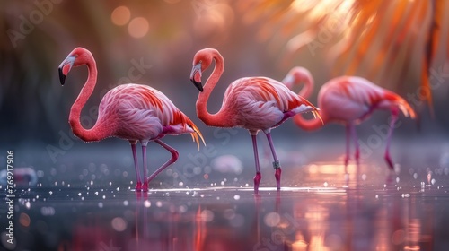 A group of greater flamingos standing in the water photo