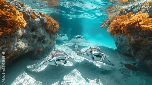 Stingrays glide underwater near a coral reef, exploring the oceanic landscape