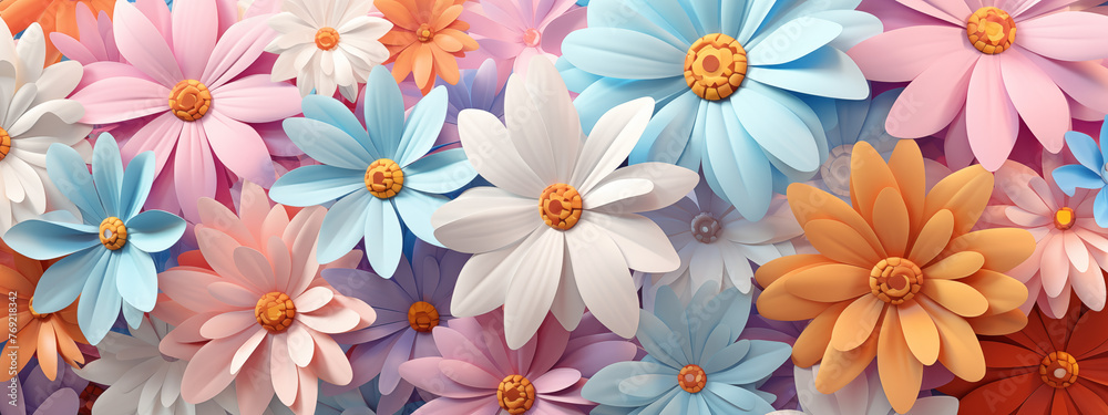 Vibrant Paper Craft Flowers Background in Pink, Blue, and Orange