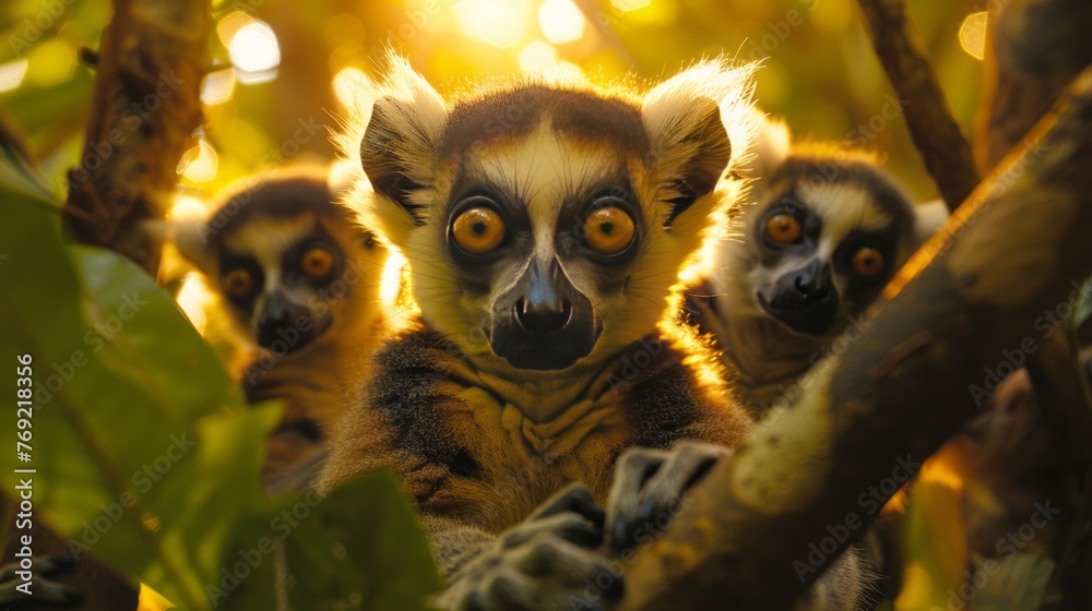 Naklejka premium Three primates on a tree branch gaze at the camera in the jungle