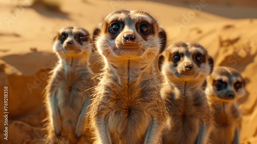 Group of meerkats, terrestrial carnivores, sharing the desert landscape © yuchen