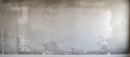 An empty room with a grey wall featuring a rectangle shelf against the city landscape horizon. A sky filled with fluffy cumulus clouds sets the stage for a serene event