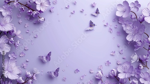 Purple blooms and butterflies decorate the background.