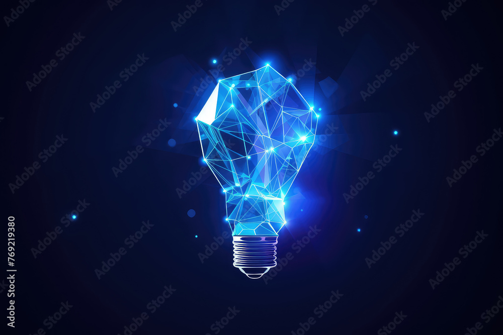 Abstract blue glowing light bulb. Polygonal style design. Abstract geometric background. Wireframe light connection structure. - obrazy, fototapety, plakaty 