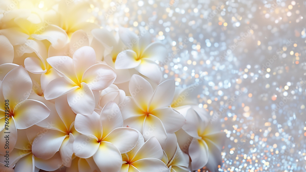 Plumeria flowers with glitter bokeh background. Copy space. Plumeria flowers with glitter bokeh background. Copy space.