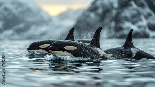 A pod of killer whales with their fins cutting through the water
