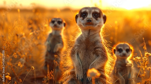 A group of meerkats in a grassland at sunset, happy in the prairie landscape