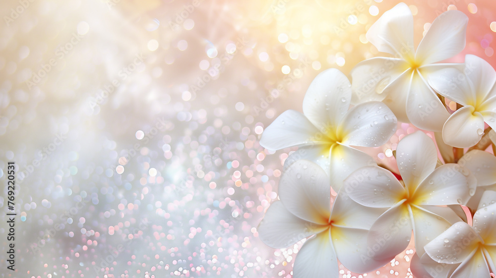 Plumeria flowers with glitter bokeh background. Copy space.