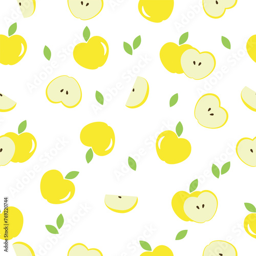 Vector yellow apples seamless pattern. Whole apples and slices with leaves on white background. Repeatable backgrounds for paper cover fabric gift wrap wall art interior decorations or for any else.