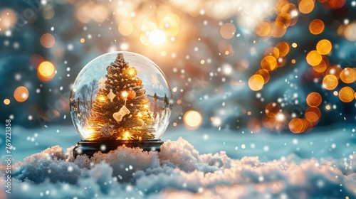 Golden-Lit Snow Globe with Shiny Christmas Tree in Snowy Landscape