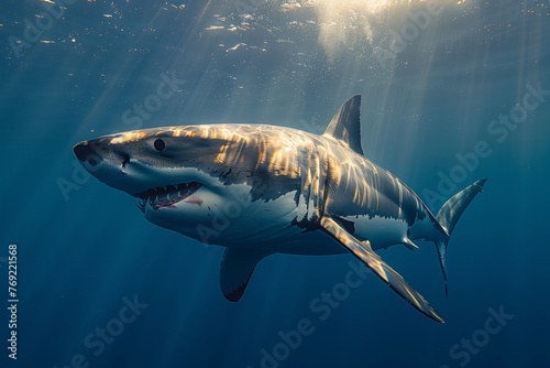 A great white shark, part of the Lamnidae family in the order Lamniformes, is swimming underwater. Known as a Requiem shark, it has a distinctive fin and is a top predator in marine biology photo