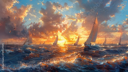 Art of sailboats on water at dusk under a canvas of cloudfilled sky