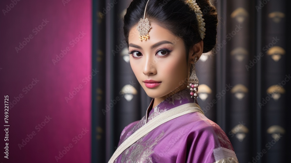 Captivating image of a young Japanese woman in pink and purple Thai attire, Ai Generated. Captivating image of a young Japanese woman in pink and purple Thai attire, Ai Generated.