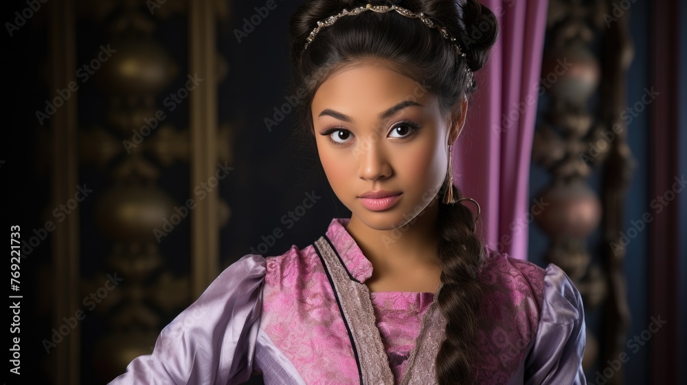 Captivating image of a young Japanese woman in pink and purple Thai attire, Ai Generated. Captivating image of a young Japanese woman in pink and purple Thai attire, Ai Generated.